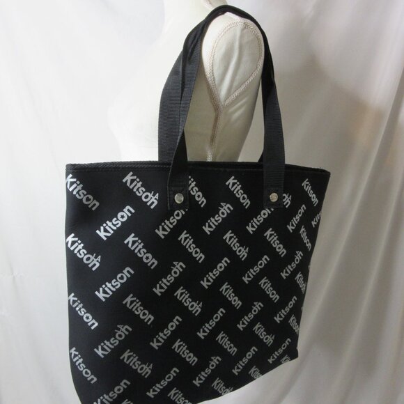 Kitson L.A. Neoprene Tote Bag Large Black and Silver Shoulder Handle Blue Lining - Picture 2 of 11